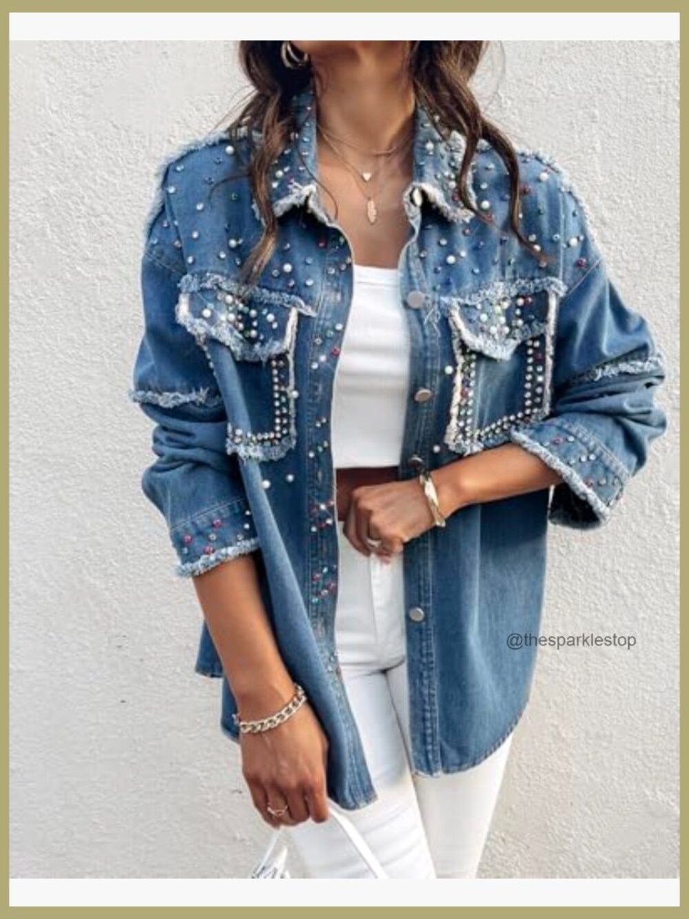 Women's Denim Jacket with Sequin Pockets Rhinestone Long Sleeve Casual Coat - Picture 6 of 7